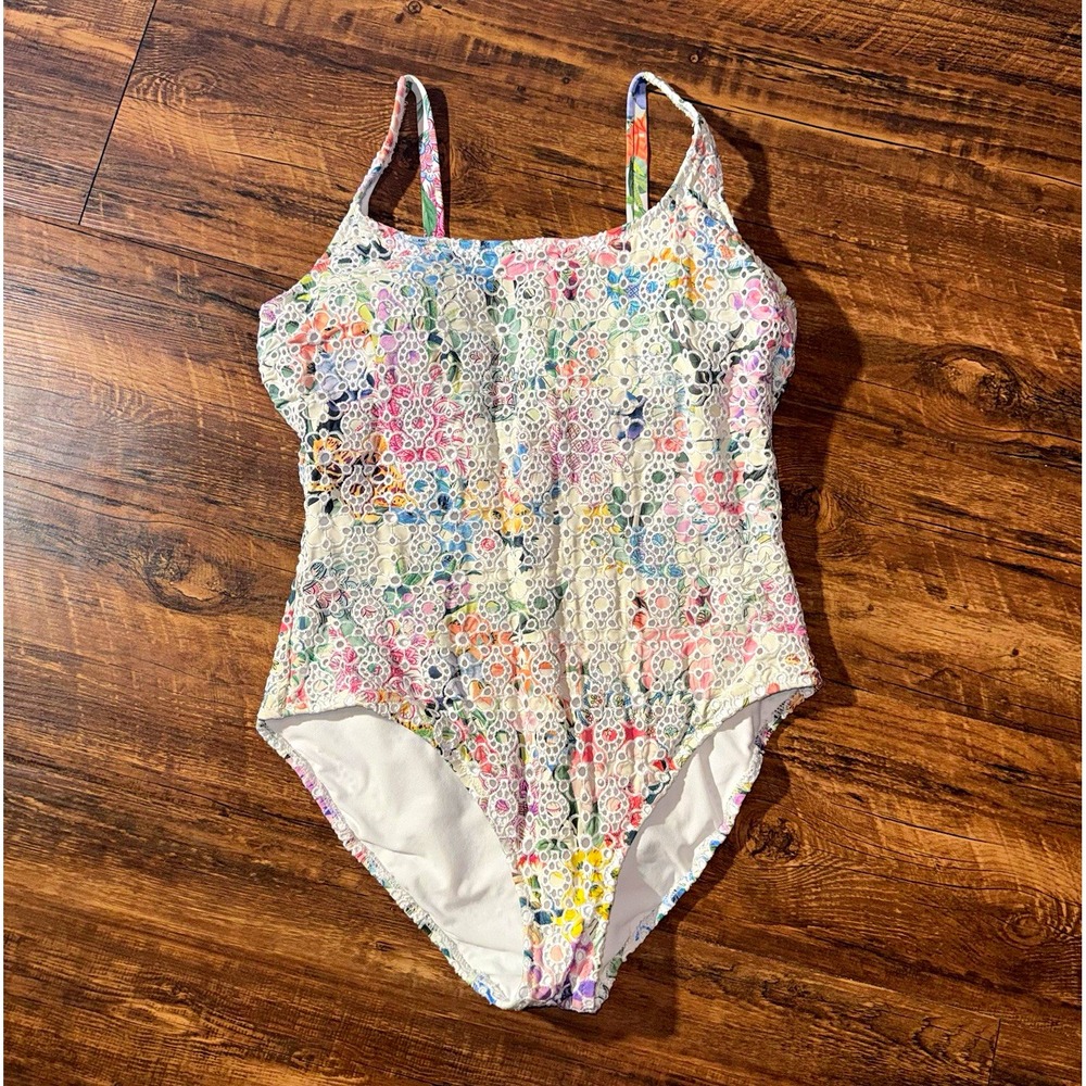 Johnny Was Floral Mesh Overlay One Piece Swimdress Women's Large